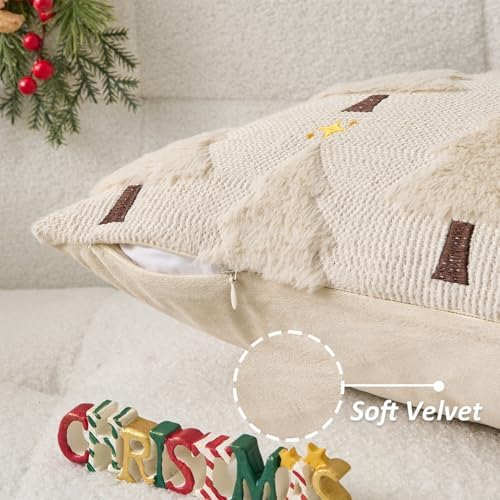 Kevin Textile Christmas Tree Pillow Covers 16x16 Inch Set of 2 Twinkle Golden Star Embroidery Soft Plush Faux Fur Throw Pillowcases for Couch Sofa Holiday Festivals Winter Xmas Gift, Beige