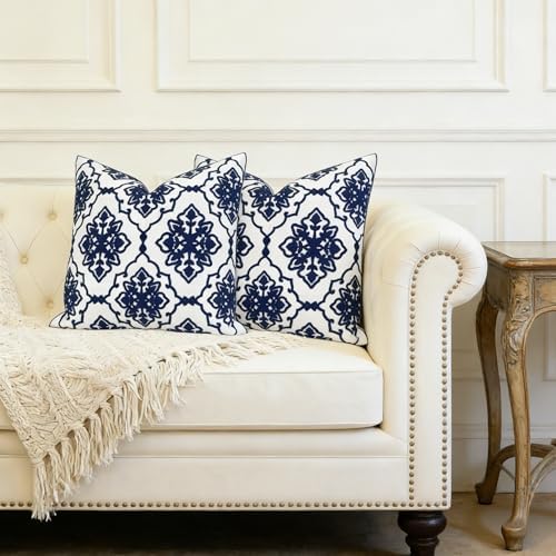 Slow Cow Pack of 2 Canvas Embroidery Decorative Cushion Covers Navy Blue Bohemian Flower Throw Pillow Covers 18 x18 inches