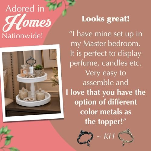 2 Tiered Tray Stand [Includes 3 Changeable Handles] - Rustic Cupcake Stand, Coffee Table Tiered Serving Tray for Kitchen Counter, Stunning Rustic Home Decor, Display Fruits, Plants, Candles (White)