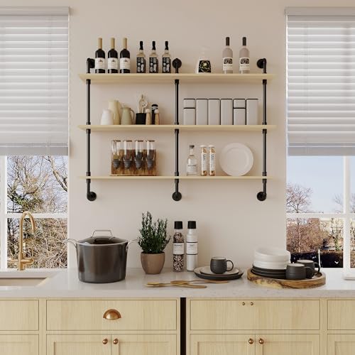 3-Tier Industrial Pipe Floating Shelf – Rustic 60 inch Wood Wall-Mounted Storage Shelf for Kitchen Office,Bathroom & Home Decor -White Oak