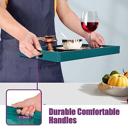 Gifturbo Teal Serving Tray,Rectangular Serving Trays with Handles, Plastic Coffee Table Tray Decorative Tray for Ottoman,Living Room, Bathroom, 15.7” x 10.2” x1.37”