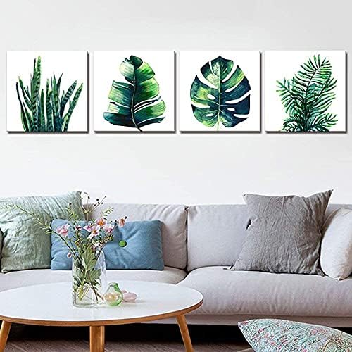 YOOOAHU Green Leaf Wall Art Room Decor Bathroom Bedroom Home Decoration Watercolor Painting Pictures Framed Canvas Prints Boho Tropical Plant Leaves Monstera Botanical White Set of 4 Pcs 20 × 20 Inch