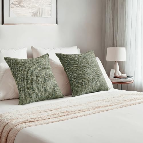HAUSSY Pack of 2 Chenille Tweed Throw Pillow Covers 26x26 Inch, Dark Green