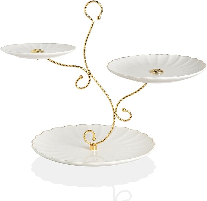 Sweejar 3 Tier Ceramic Cake Stand Wedding, Dessert Cupcake Stand for Tea Party Serving Platter (Bright White)
