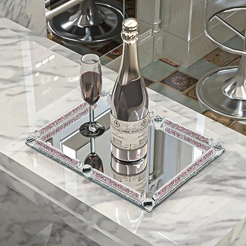 Mirror Perfume Tray for Dresser,Pink Crushed Diamond Filled