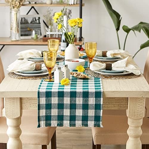 DII Fringed Check Tabletop, Table Runner, 14x72, Teal