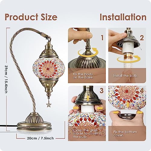 Yarra-Decor Turkish Moroccan Lamp with Bronze Base 3 Color Options Handmade Swan Neck Mosaic Glass Bedside Lamps for Bedroom (LED Bulb Included)(Orange1)