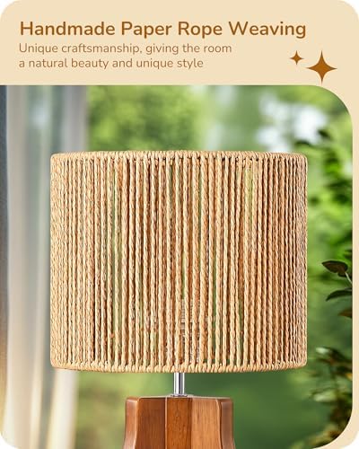 EDISHINE Small Table Lamp, Rose Wood Base, Handwoven Paper Rope Shade, E26