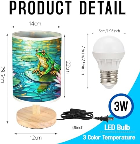 Frog Table Lamp LED 3-Color Pressed Bedside, Frog Shade Lamp with Wood Base for Bedroom Living Room Desk Office TL01