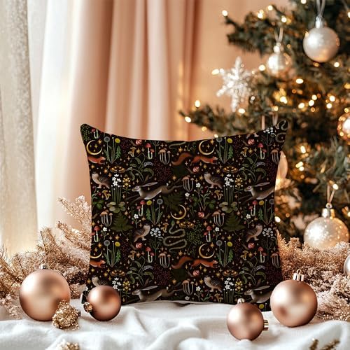 Witchy Forest Animals Mushroom Pillow Covers 18x18, Dark Cottagecore Decor, Witchy Room Decor, Gothic Snake Moon Pillow Covers for Couch Bed, Cottagecore Room Decor, Gothic Home Decor