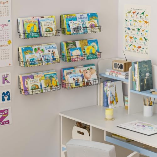 X-cosrack Floating Book Shelves for Wall Kids Bookshelf,Metal Hanging Wall Mounted Shelf for Nursery Toddler, Kids Room, Classroom,Set of 6,Black,2 Sizes