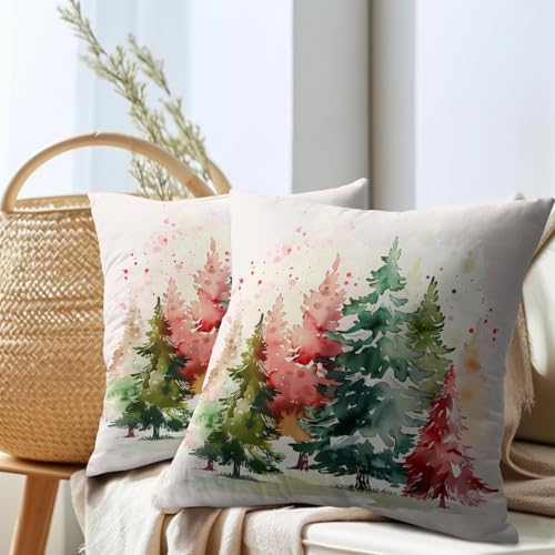 Christmas Tree Outdoor Throw Pillow Cover 20x20 Inch Set of 2 Winter Colorful Pine Tree Cushion Covers Xmas Holiday Theme Accent Pillowcase for Home Bedroom Sofa Patio