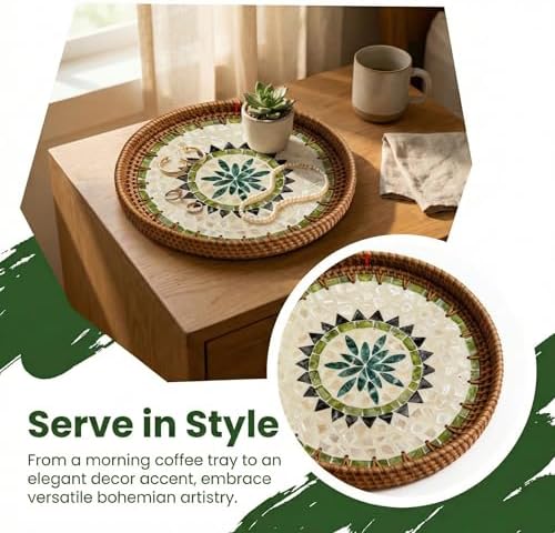 Boho Handwoven Rattan Tray with Mother of Pearl Inlay, 30cm Round Decorative Tray, Wooden Base Serving Tray for Breakfast, Vanity, Coffee Table & Wall Hanging Decor (Size:Middle, Pattern:GreenSun)