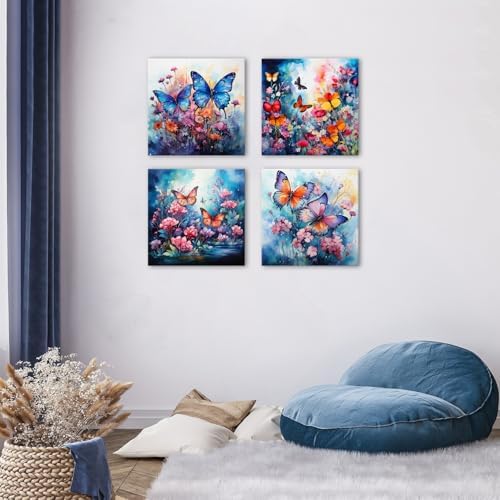 Butterfly Wall Art Colorful Floral Pictures Wall Decor Abstract Wildflower Canvas Prints Watercolor Daisy Poppy Flowers Painting Nature Flowers Artwork for Living Room Home Decorations 20x20" 4Pcs