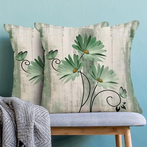 Green Floral Pillow Covers 18 x 18 Inch Set of 2 Daisy Floral Butterfly Decorative Throw Pillow Covers Linen Rustic Farmhouse Cushion Cases for Home Sofa Couch Living Room Decor