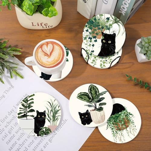 Whaline 6 Pcs Botanical Black Cat Ceramic Coaster Set 6 Style Drink Coasters with Coaster Holder Absorbent Coasters for Table Protection Birthday Housewarming Gifts Home Decor