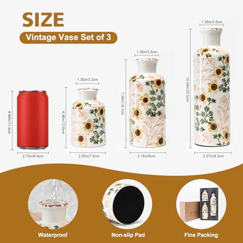 Vintage Ceramic Flower Vase Set of 3, Rustic Farmhouse Vase for Home Decor, Distressed Decorative Vase for Table Entryway Mantel Centerpiece Living Room Bathroom Bedroom (Sunflower Crackle)