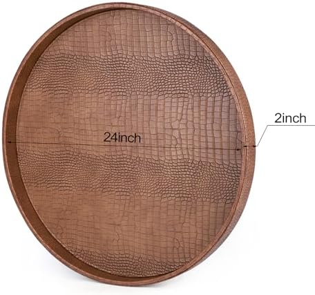 HofferRuffer Large Round Serving Tray 24'', Elegant Faux Leather Circle Ottoman Table Tray, Serve Tea Coffee Breakfast in Bedroom Living Room Kitchen (Antique Brown, 24'')
