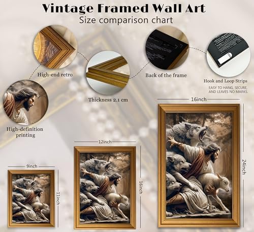 Vintage Gold Framed Jesus and Lamb Wall Art Jesus Saves the Lost Sheep Christian Canvas Prints Shepherd Protect a Lamb from Wolves Picture Religious Painting Poster Artwork for Living Room Church