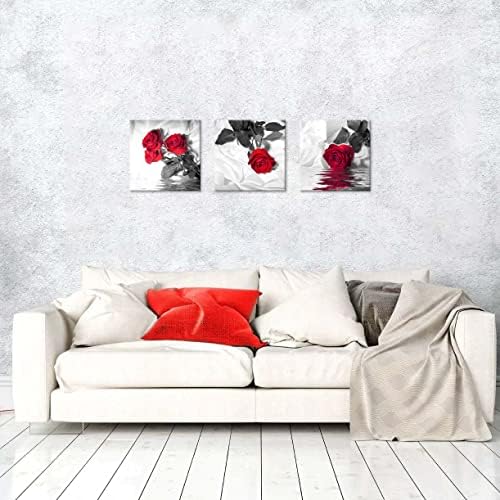 NAN Wind Canvas Print 3 Pcs Black and White Red Rose Canvas Art Painting Abstract Wall Art Decorations Flower Picture on Canvas for Home Decor Stretched and Framed (14X14inchX3pcs, Red Rose)