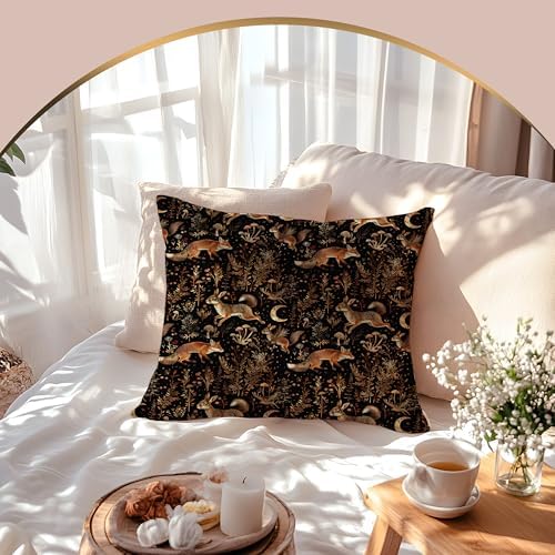 Mystical Enchanted Forest Pillow Covers 18x18 Double-Sided, Cottagecore Room Home Decor, Whimsical Moon Fox and Bunny Rustic Mushroom Botanical Decorative Throw Pillow Covers