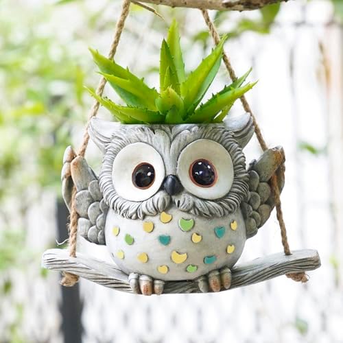 Swing Owl Hanging Planters for Indoor Plants, Cute Small Succulent Pots with Drainage Hole, Unique Resin Plant Hangers Outdoor, Hanging Plant Holder for String Of Pearls, Gift Ideas for Mother