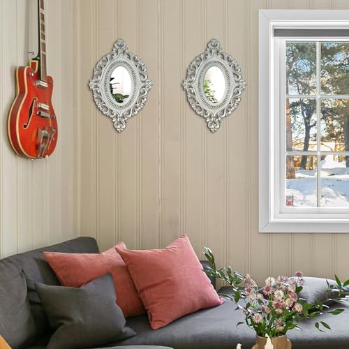 2 Set Oval Wood Carved Wall Mirror Baroque 3D Relief Rustic Home Decor Small Decorative Hanging Mirrors for Living Room, Bedroom Entrance Wall Sculpture