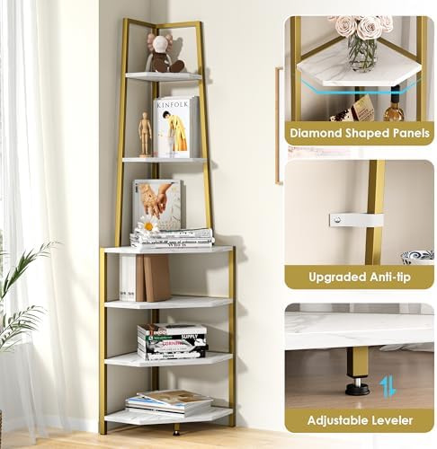 VECELO 6 Tier Corner Shelf 69 Inch Industrial Bookshelf with Metal Frame, Multipurpose Tall Plant Stand with Opening Display Shelves for Living Room, Bedroom, Home Office, Small Space, Gold