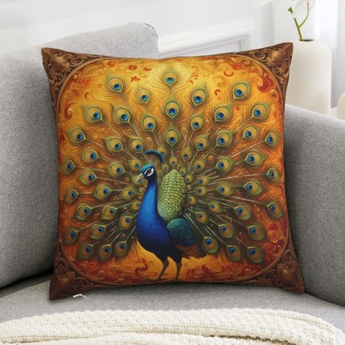 Golden Majestic Peacock Decorative Throw Pillow Cover