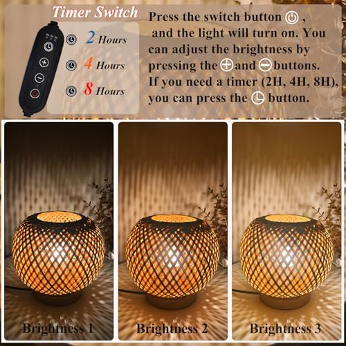Small Rattan Lamp, Boho Table Lamp, Wicker Wooden Lamps with Dimmable & Timer Function, Boho Woven Lamps for Bedroom Living Room Desk Kids Room, 2700K G45 LED Bulb Included