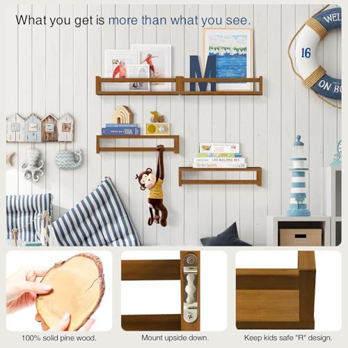 Forbena Dark Wood Nursery Kids Bookshelf Wall Mounted, Wooden Floating Nursery Book Shelves for Wall, Hanging Kids Bookshelves for Toddler Baby Room Bedroom Bathroom (Solid Pine, Walnut Brown, 4 Pack)