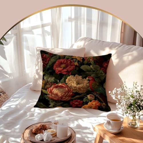 Dark Exotic Floral Parrot Throw Pillow Cover 18x18
