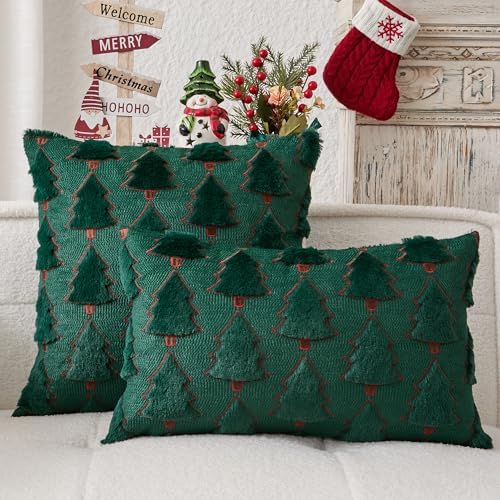 Kevin Textile Christmas Tree Pillow Covers 18x18 Inch Set of 2 Luxury Embroidery Soft Plush Faux Fur Decoration Pillowcases for Couch Sofa Holiday Festivals Winter Xmas Gift, Dark Green & Red