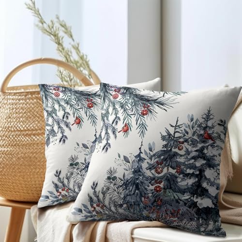 Christmas Tree Throw Pillow Covers 16x16 Inch Set of 2 Winter Watercolor Blue Grey Pine Trees Berry Bells Birds Decorative Pillowcase Xmas Holiday Cotton Linen Cushion Cover for Home Sofa Couch Patio