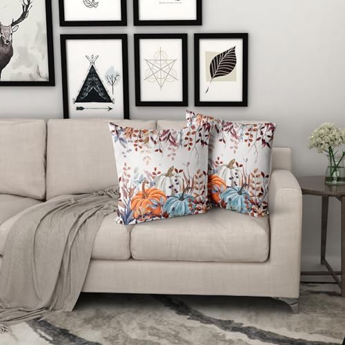 Giwawa Fall Pillow Covers Set of 2 18x18 Inch Orange Blue White Pumpkins Autumn Leaves Thanksgiving Cushion Covers Farmhouse Decorative Square Double Sided Throw Pillowcases for Indoor Outdoor Holiday