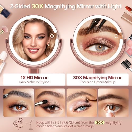 B Beauty Planet Vanity Mirror with Lights, 30X Magnifying Makeup Mirror, 3 Lighting and Adjustable Brightness, Rechargeable 2-Sided Height Adjustable Desk Mirror for Bedroom, Gifts for Women Rose