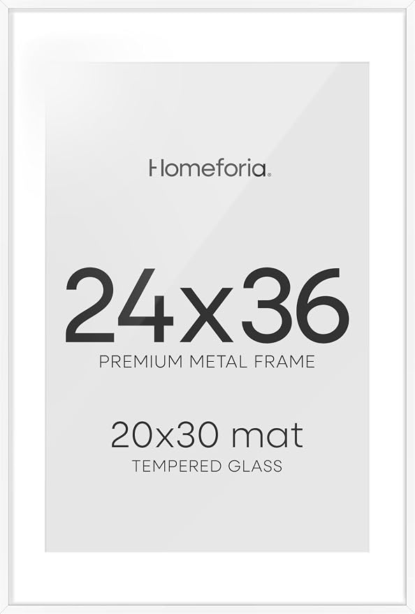 Homeforia 24x36 White Poster Frame, High-End Metal, 20x30 Mat, Glass