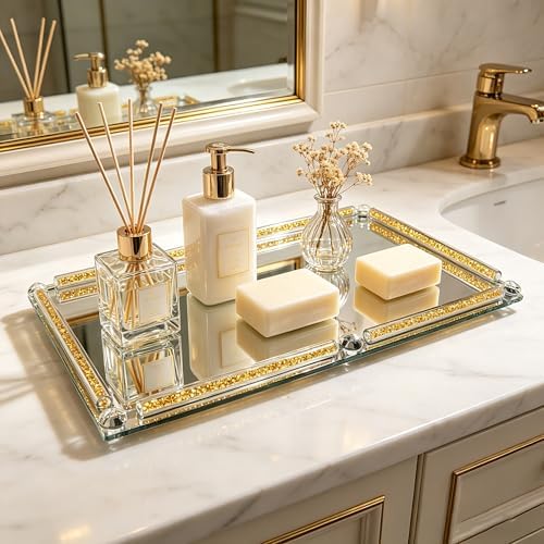 Large Mirror Perfume Tray for Dresser,Gold Crushed Diamond Filled