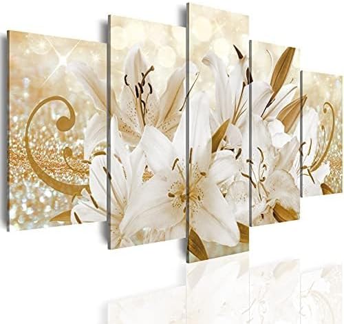 LUDUHU Golden Orchid Flowers Canvas Print - Abstract Floral Wall Art Painting Decor for Home Decoration, Contemporary White Floral Artwork Picture Bedroom Wall Art Decor (E,Oversize 40x20inch)