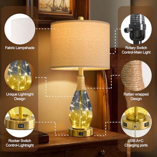 OYEARS 23" Table Lamps for Living Room Set of 2,Bedside Lamps for Night Stands, Rattan Lamps for Bedroom,Farmhouse Lamps with Glass Nightlight,Two Light Points