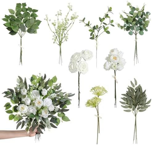 Artificial Wedding Greenery Filler Box Set 50Pcs with 8 Kinds Fake Greenery Stems for Centerpiece and Floral Arrangement Greenery Bouquet Filler(White Green)