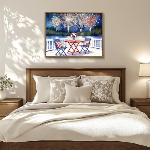 American Flag Framed Canvas Wall Art, 4th of July Patriotic Canvas Prints | Watercolor Lakefront Fireworks Poster Print, Independence Day Wall Decor for Bedroom Living Room 6×8in