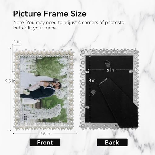 DIKAR 6x8 Wedding Picture Frame, Pearl Photo Frame with HD Acrylic Glass and Metal Frame of Large Pearls & Small Diamonds All Around, for Tabletop or Wall Display Perfect Gifts for Wedding and Anniversary