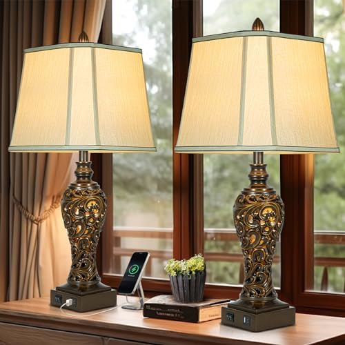 28.5" High Vintage Brown Table Lamps Set of 2 with Night Light, Dark Brown