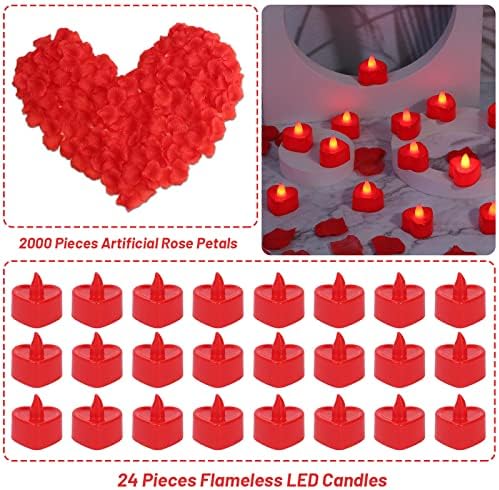 Cridoz Rose Petals for Romantic Night - Artificial Red Rose Petals with LED Candles for Decoration, Wedding, Valentine's Day