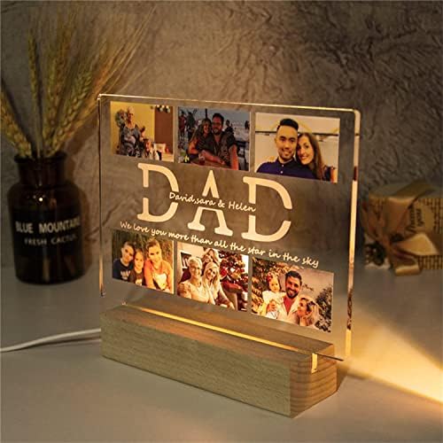 Personalized Photo Acrylic HAPPY FATHERS DAY Sign Plaque Gifts for Dad Papa Grandpa from Daughter Son Wife Customizable LED Night Light Wooden Base Lamps Desk Bedroom Decor Signs