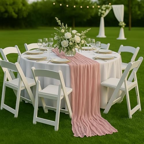 12 Pack Dusty Pink Cheesecloth Table Runners – 10FT Blush Gauze Boho Table Decor Set for Bridal Shower, Mother’s Day Brunch, Baby Girl Party, or Romantic Wedding Reception