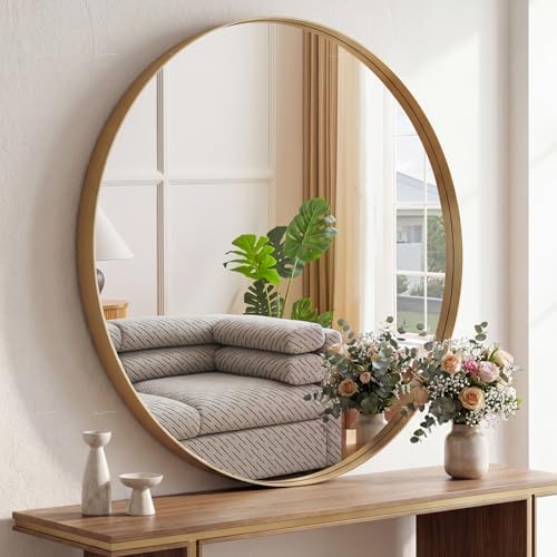 Bathroom Round Mirrors for Over Sink, 30 Inch Wall Circle Mirror with Matte Metal Frame, Modern Wall Mount Vanity Mirror for Home Decor, Living Room, Bedroom, Gold