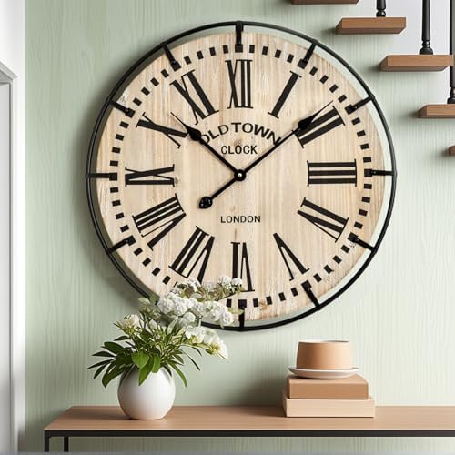 EMAX HOME Rustic Farmhouse Wall Clock 24 Inch, Vintage Oldtown London Wooden Large Clock with Silent Tick, for Bedroom, Office, Kitchen, Indoor Home Decoration
