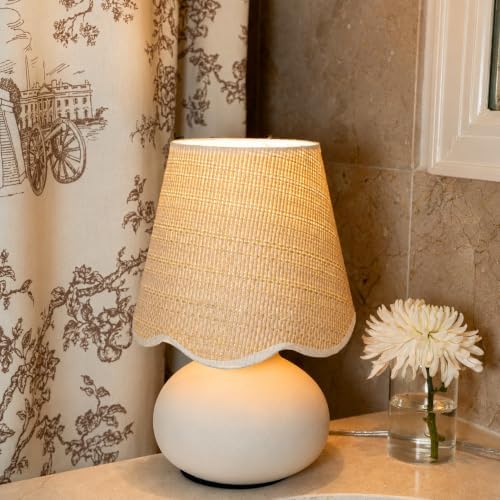 11" Small Mini Boho Table Lamp – Handmade Ceramic Cream Base with Scallop Woven Rattan Shade, Dimmable Plug-In Accent Light for Bedroom, Nightstand, Small Spaces, Kitchen Counter, Bookshelf